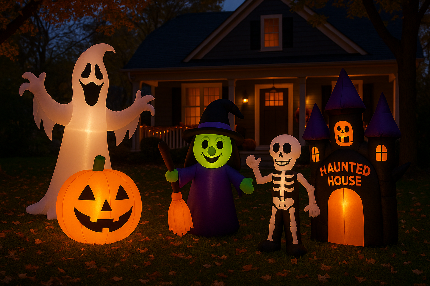 Stoneking Armor anchoring Halloween inflatable ghost in front yard