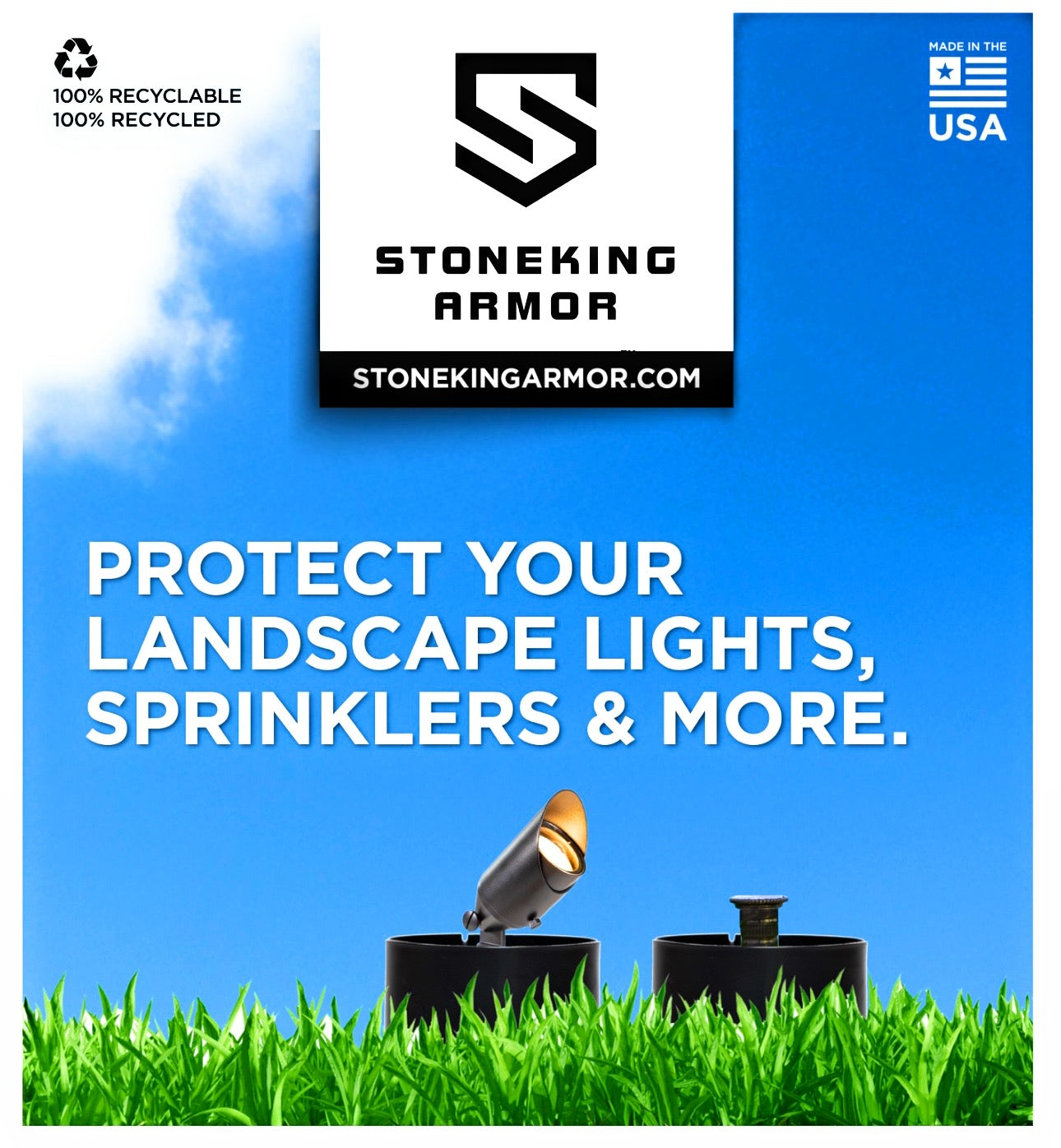 Stoneking Armor installed around a sprinkler near driveway edging

Lawn mower approaching sprinkler protected by Stoneking Armor

Stoneking Armor preventing string trimmer damage to wired landscape light